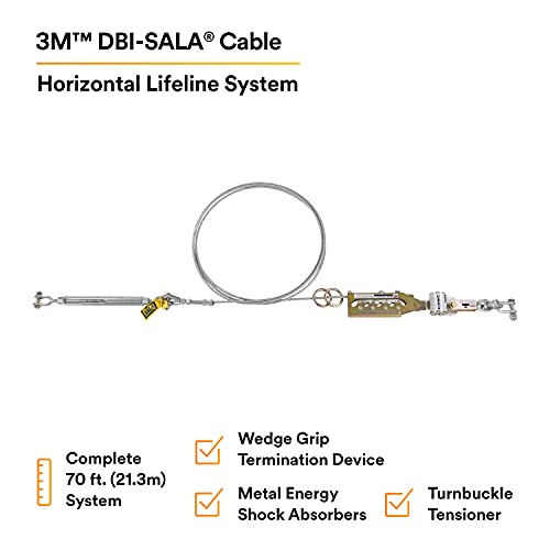 3M DBI-SALA SAYFLINE 7602070 מערכת הצלה אופקית, כבל 70 רגל עם סיום טריגריפ, מתח טורנבוק, בולם אנרגיה,