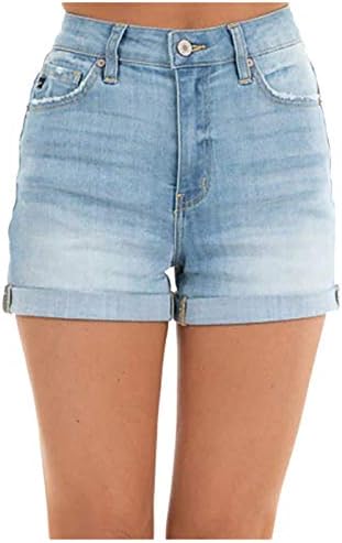 מכנסי ג'ינס קצרים של לריאו לנשים צבע מותניים גבוה מגולגל ישר מכנסי מכנסיים קצרים במצוקה מזדמנת,