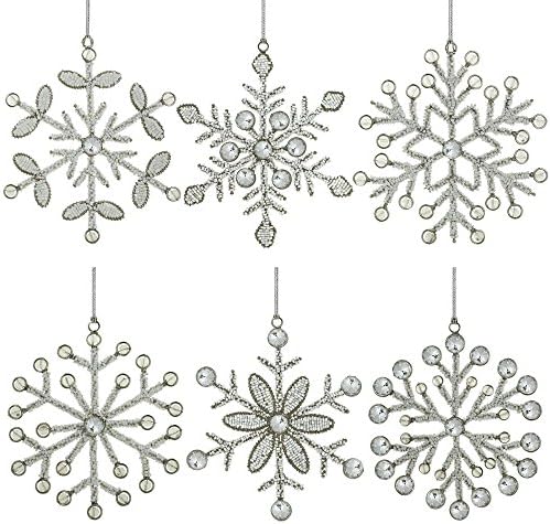 סט אג'וני של 6 זכוכית ברזל של פתית שלג בעבודת יד וחרוזי פלסטיק תליון עץ חג המולד קישוטים קישוטים מתנות 6 אינץ
