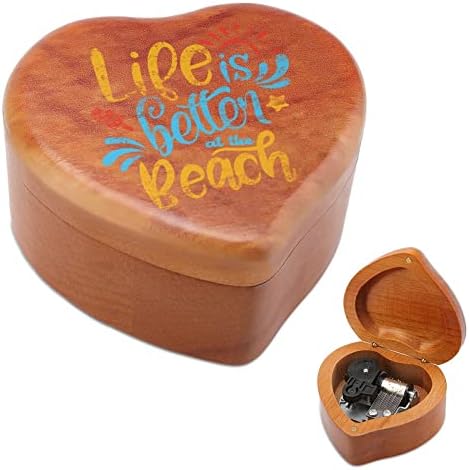 החיים טובים יותר על קופסא מוזיקת ​​עץ חוף קופסת מוסיקה מעץ בלב בצורת לב קופסאות מוזיקליות מודפסות