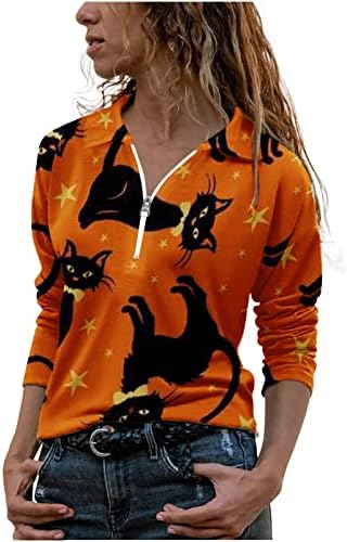 חולצות סווטשירטים של ליל כל הקדושים של נשים חולצות שרוול ארוך חולצות חתול מצחיקות דלעות סוודר גרפי רוכסן אופנתי