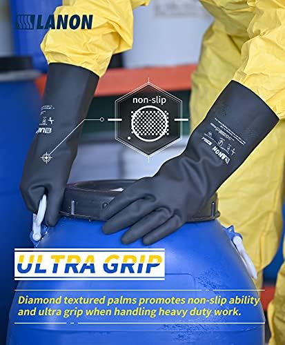 כפפות עמידות כימיקלים של גומי Lanon, כפפות עבודות בטיחותיות כבדות לשימוש חוזר, הגנה על חומצה ואלקלי, ללא החלקה,
