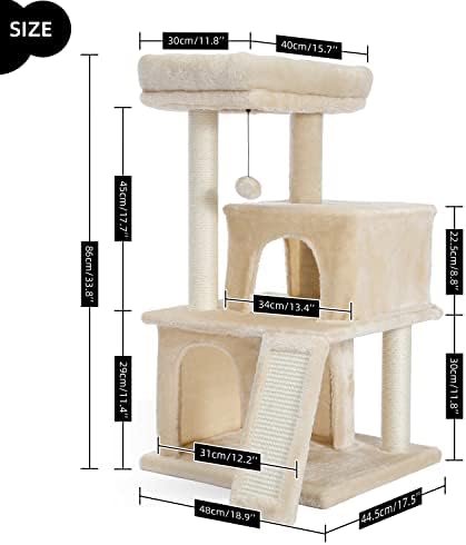 מגדל חתול חתול קטן מודרני עם דירות כפולות מוטות מרווחות עמודי שריטות ， סולם טיפוס וכדורים משתלשלים