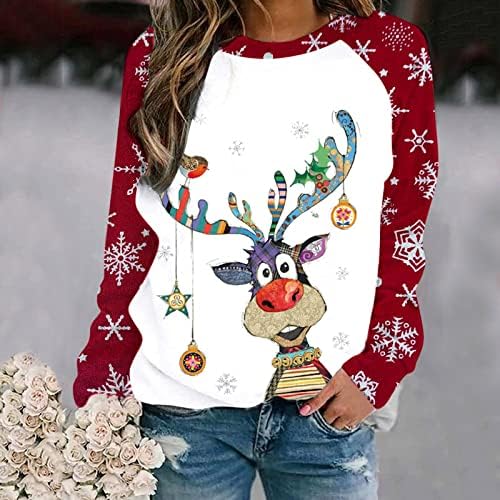 סוודר חג המולד מכוער לנשים קולורבלוק מצחיק חמוד איל רודולף גרפי חולצות חידוש ארוך שרוול חולצה