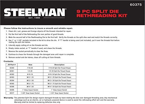 Steelman Steelman 9 חלקים מפוצלים למות גלגלים לתיקון/קריאה מחדש, סיכות אינדקס, פלדה, תיקונים חוטי על