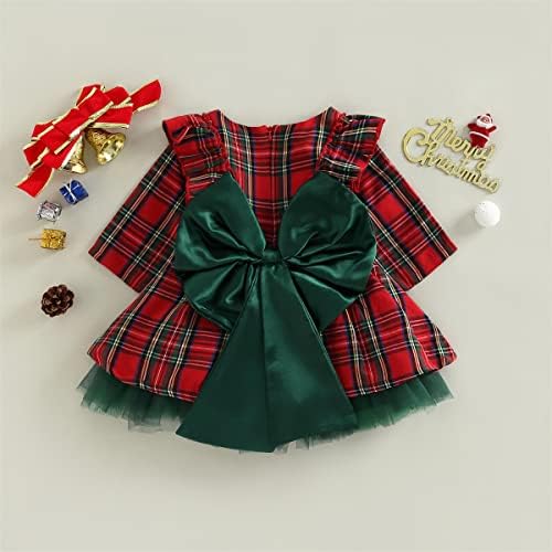 שמלת חג המולד של פעוטות תינוקת אדומה משובצת שמלות ותלבושת חג המולד של טוטו ירוק עם פרוע נסיכה קשת קשת