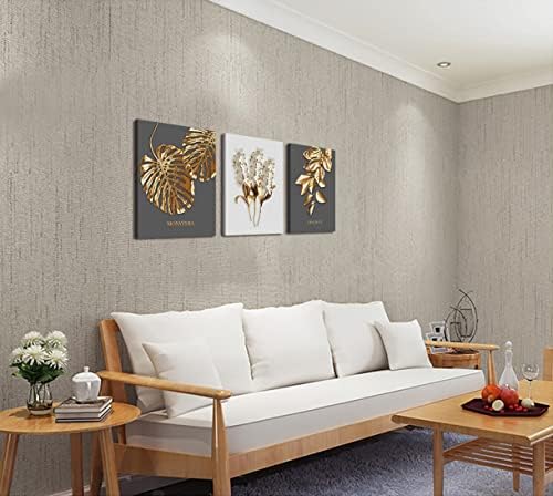 אפור וזהב בוהו מופשט אמנות 3 חלקים מודרניים ומוסגר פרח לבן ממוסגר בציורי בד עלים זהב לסלון משרד