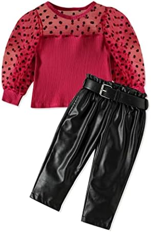 Wiqi פעוטות בגדי ילדה 1-6t רשת שרוול ארוך למעלה+ מכנסי עור PU עם חגורה 3 יחידות תפאורה לתלבושת נערה פעוטות