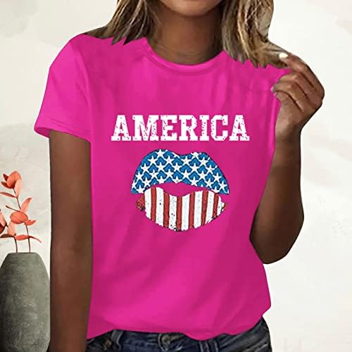 חולצת טריקו צווארון עגול של נשים דגל אמריקאי דגל שפתון הדפסים מודרניים 2023 חולצות טי קיץ