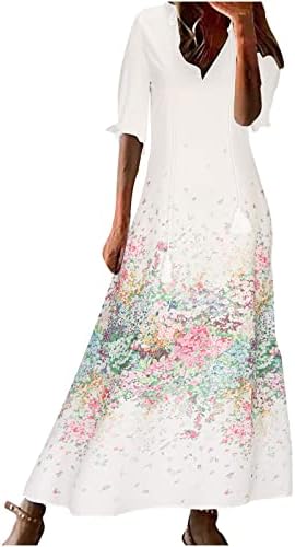 WPOUMV נשים קיץ שמלות שרוול קצר מזדמן הדפס פרחוני עם צווארון V שרוך שמלת MIDI אופנה פרוע שמלה זורמת