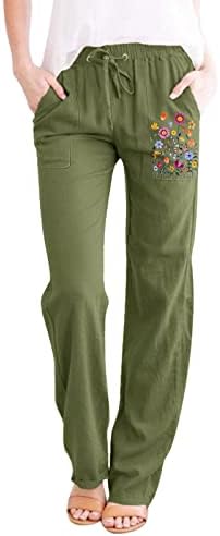 נשים של פשתן מכנסיים, מוצק גבוהה מותן רחב רגל אופנה שרוך פשתן מכנסיים מכנסיים עם כיסים קומפי מכנסיים