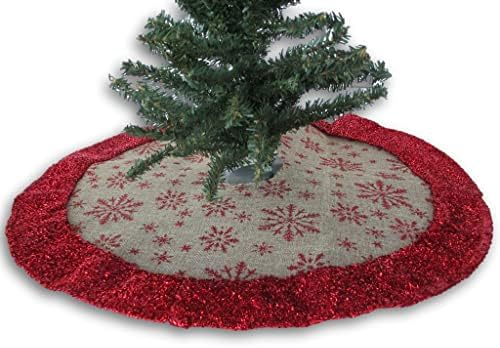 חצאית עץ חג המולד מיניאטורה - יוטה עם פתיתי שלג נצנצים אדומים - 18 אינץ '