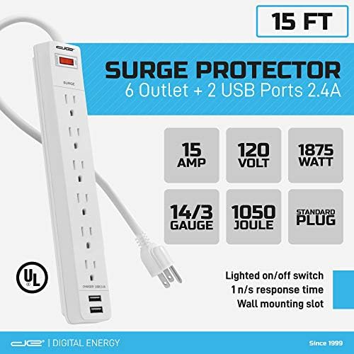 אנרגיה דיגיטלית 6-Outlet + 2 USB 1050 רצועת חשמל של מגן מתח ג'ול עם כבל הארכה באורך 15 מטר, לבן, UL